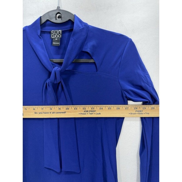 Clara Sun Woo Keyhole Bow Top Womens XS Cobalt Blue Long Sleeve Stretch USA Made - Picture 5 of 8